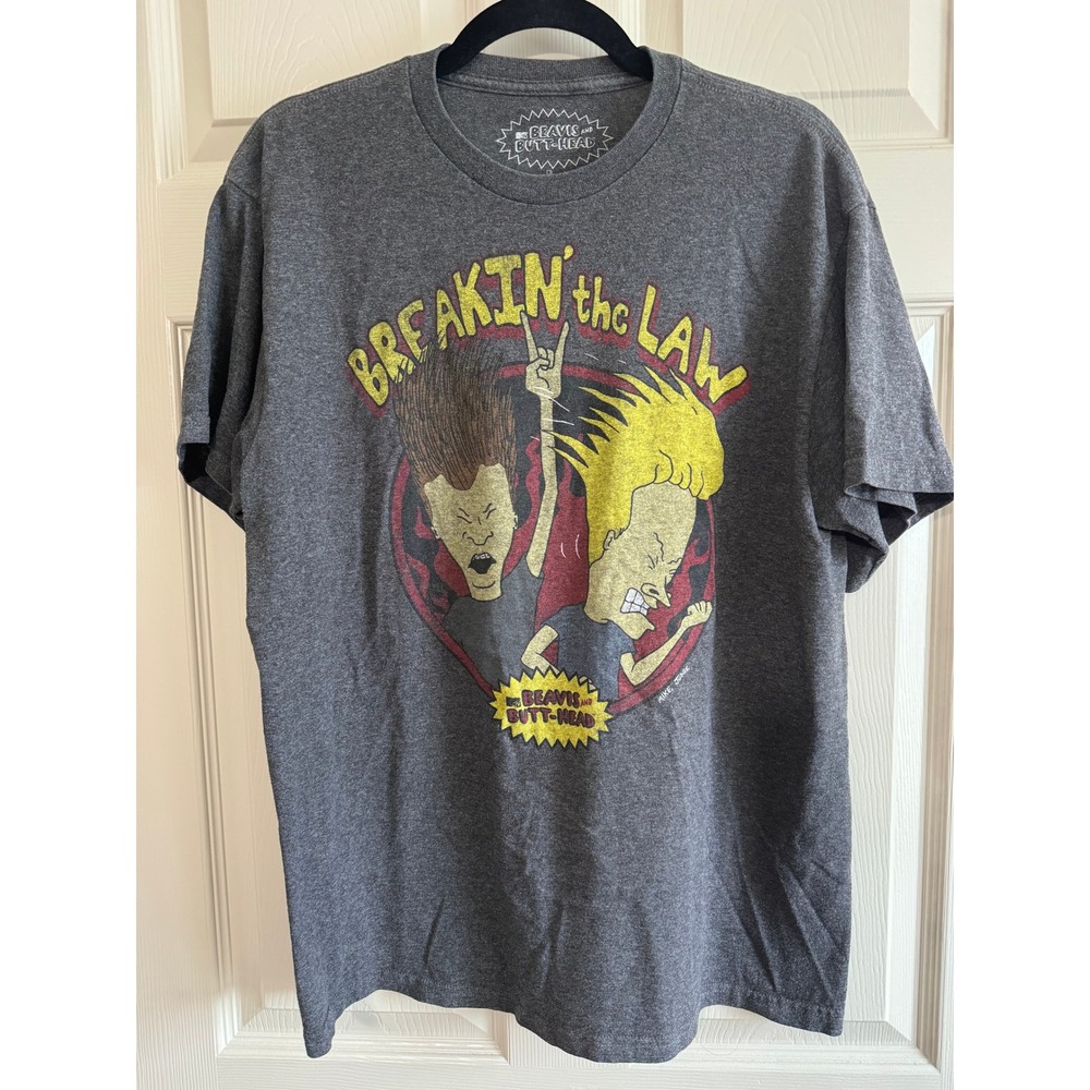 MTV Beavis and Butt-Head T-Shirt Mens L Gray Breakin' the Law Graphic Crew Neck